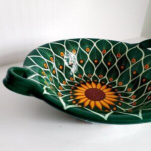 RARE Mexican Pottery Talavara Art Bowl w/ Handles Hand Painted Sunflower Peacock